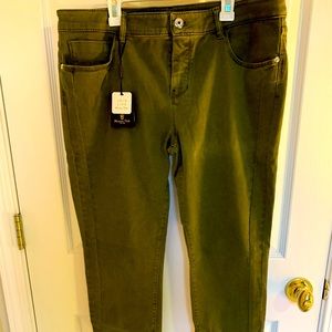 Massimo Dutti Olive Green Cotton Slim Ankle Jeans, Zippers on Hems Size 44